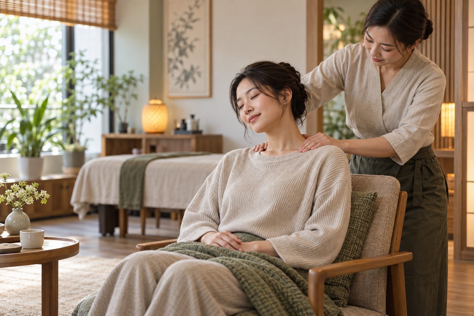 按摩服務者在舒適的室內為顧客進行肩頸放鬆按摩