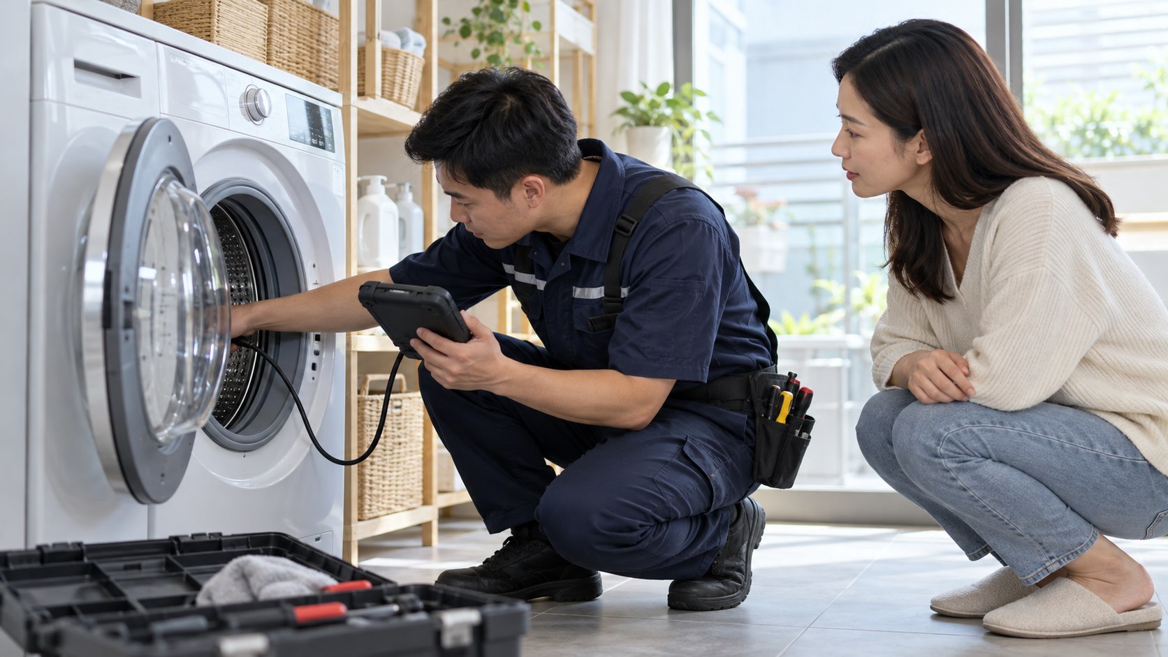 家電維修技師使用診斷工具檢查洗衣機，屋主在旁說明設備狀況