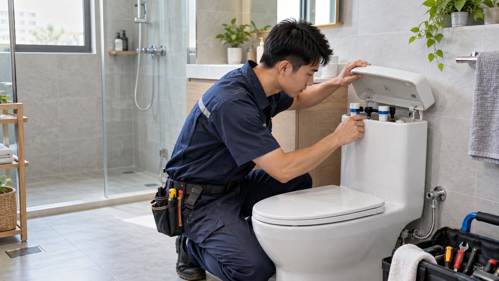 水電修繕服務者在明亮浴室檢查馬桶水箱內部零件
