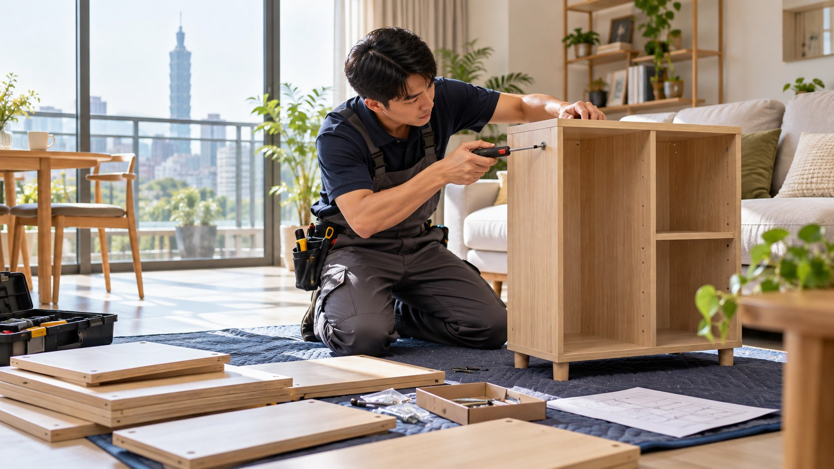 居家安裝服務者在明亮客廳依產品說明組裝木製收納櫃