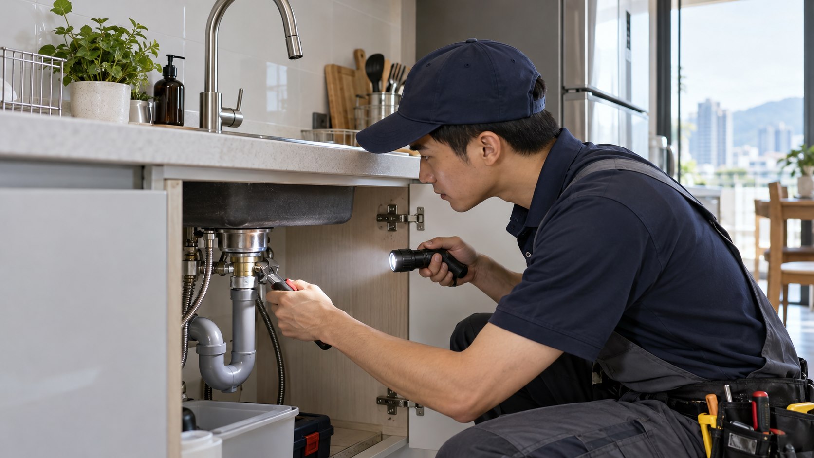 修繕服務者使用手電筒檢查廚房水槽下方的水管接頭